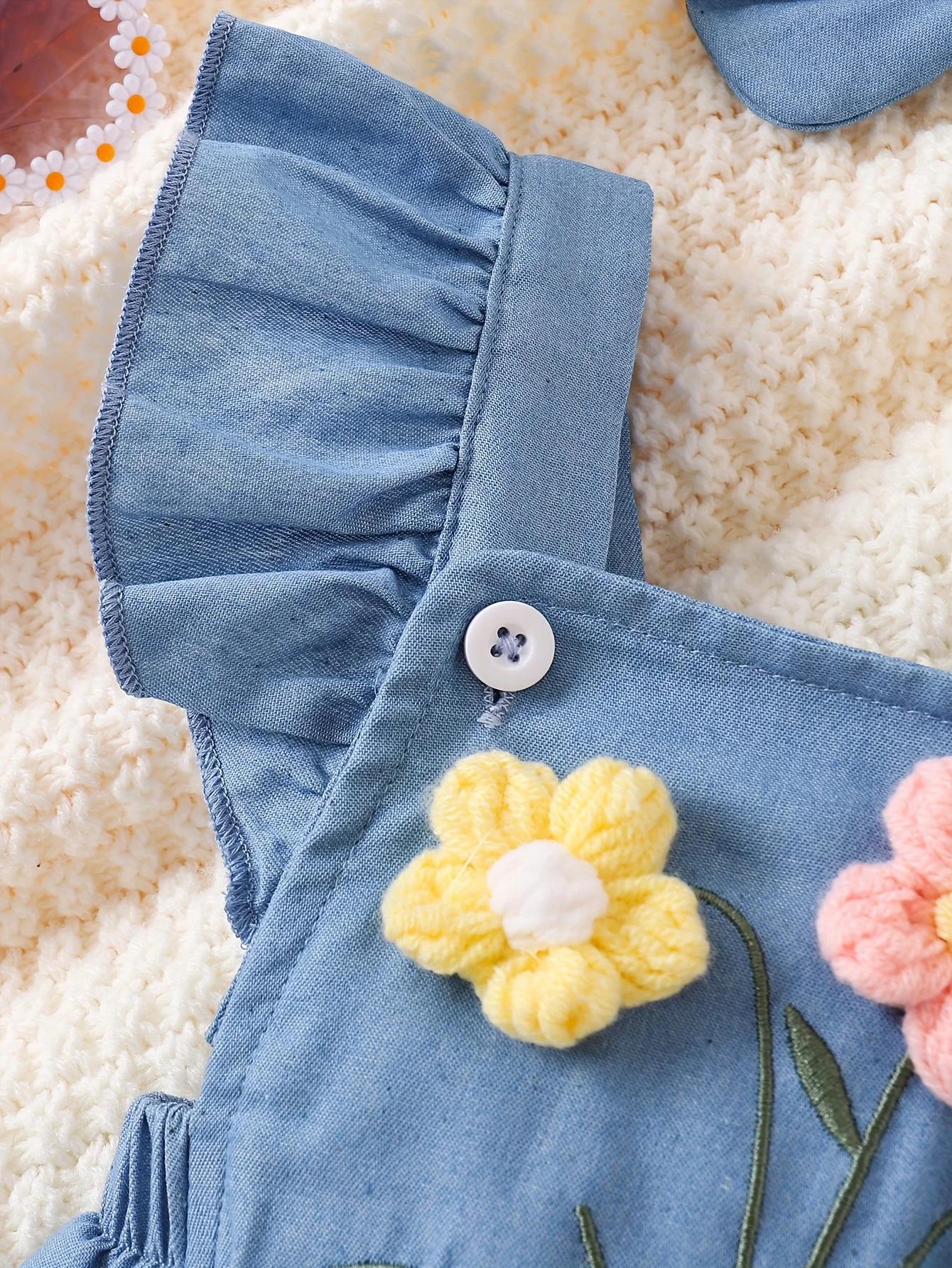 Barboteuse en Denim doux pour bébé fille, barboteuse flottante brodée de fleurs 3D + bandeau à nœud,