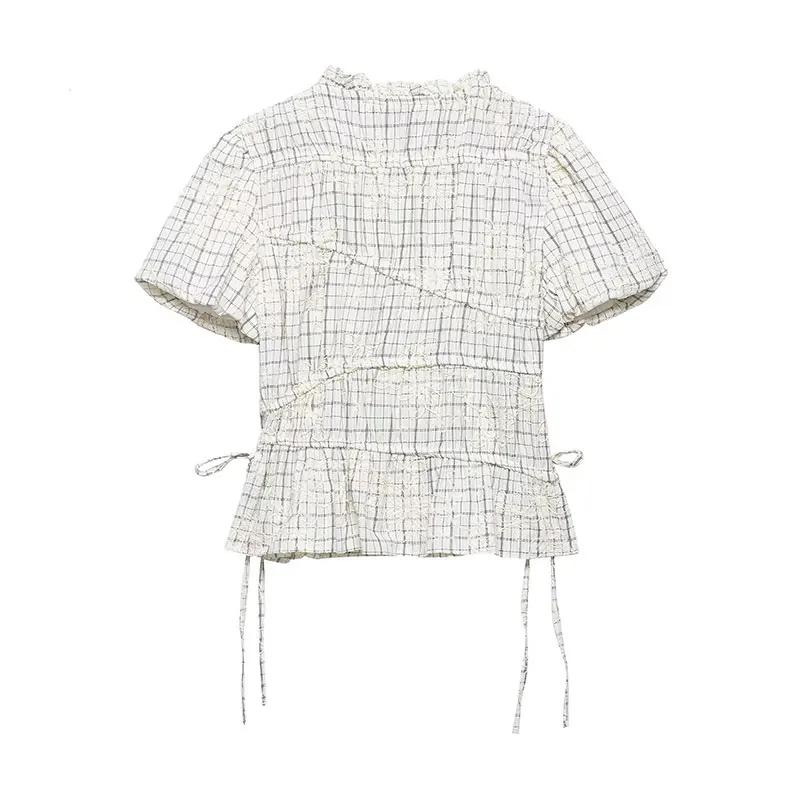 TFAFXY 2026 Ensemble d'été pour femme : Blouse brodée à carreaux avec nœud et jupe longue midi coupe