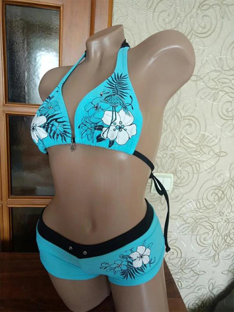 Vintage fleur imprimé Cutie ensemble Bikini 2000s maillot de bain Sexy femmes bain mode licou maillo