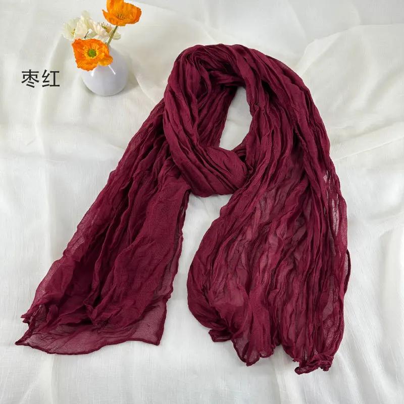 Foulards en coton et lin doux et respirant pour femmes, écharpe plissée de couleur unie, Style bohèm