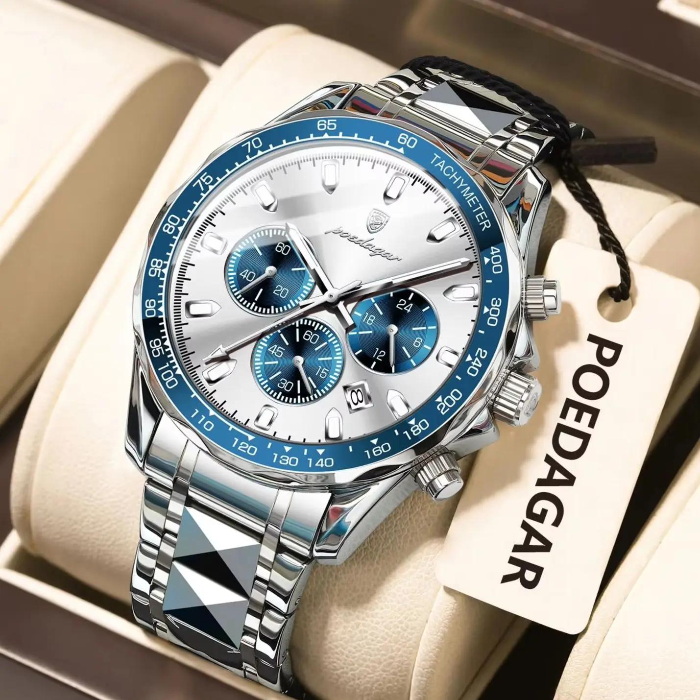POEDAGAR marque de luxe hommes montre étanche lumineux en acier inoxydable montres pour hommes chron