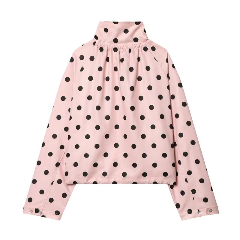 Manteau pour femme Printemps 2026 Nouveau style Rose à pois Manches longues Détail noué Simple bouto