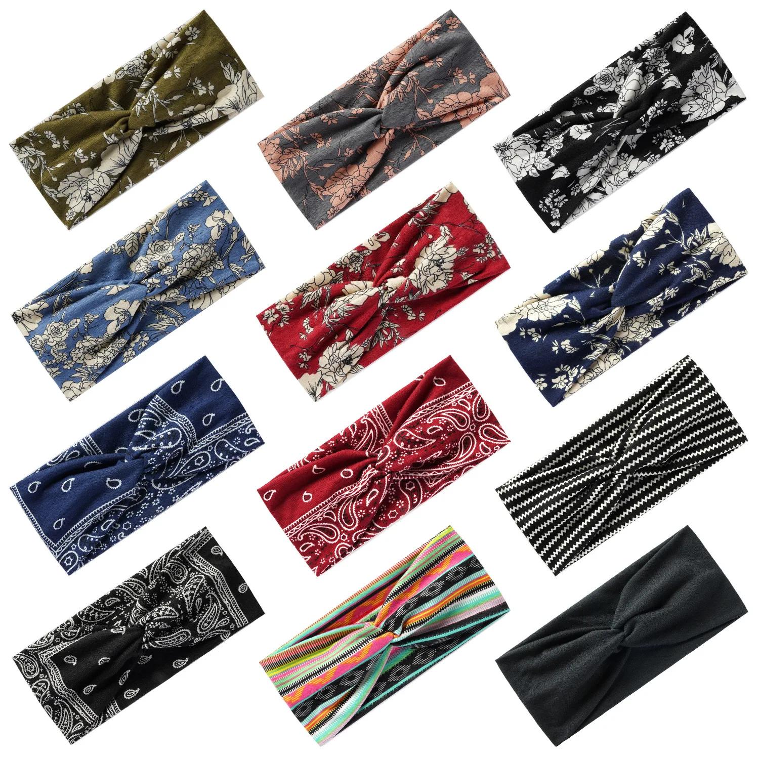 Mode bohème bandes de cheveux imprimer femmes filles bandeaux Vintage croix Turban pansement Bandana