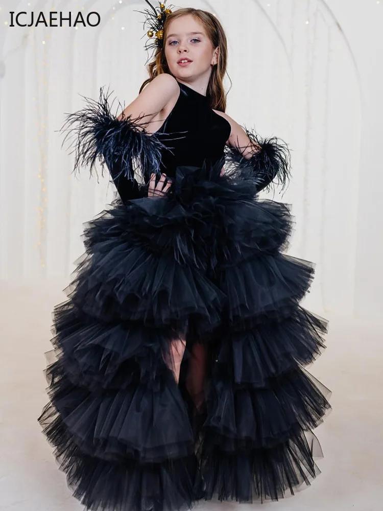 Robe en tulle multicouche noire à col licou ICJAEHAO, sans gants, robe d'été pour filles, costumes p
