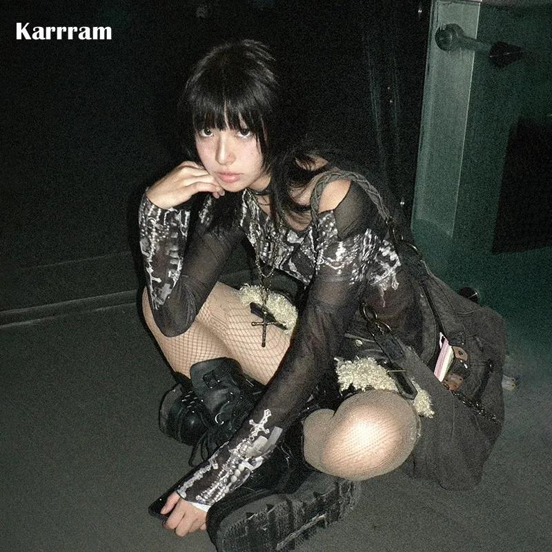 Karrram Grunge esthétique maille hauts japonais Y2k tatouage imprimé hauts transparents Vintage Hara