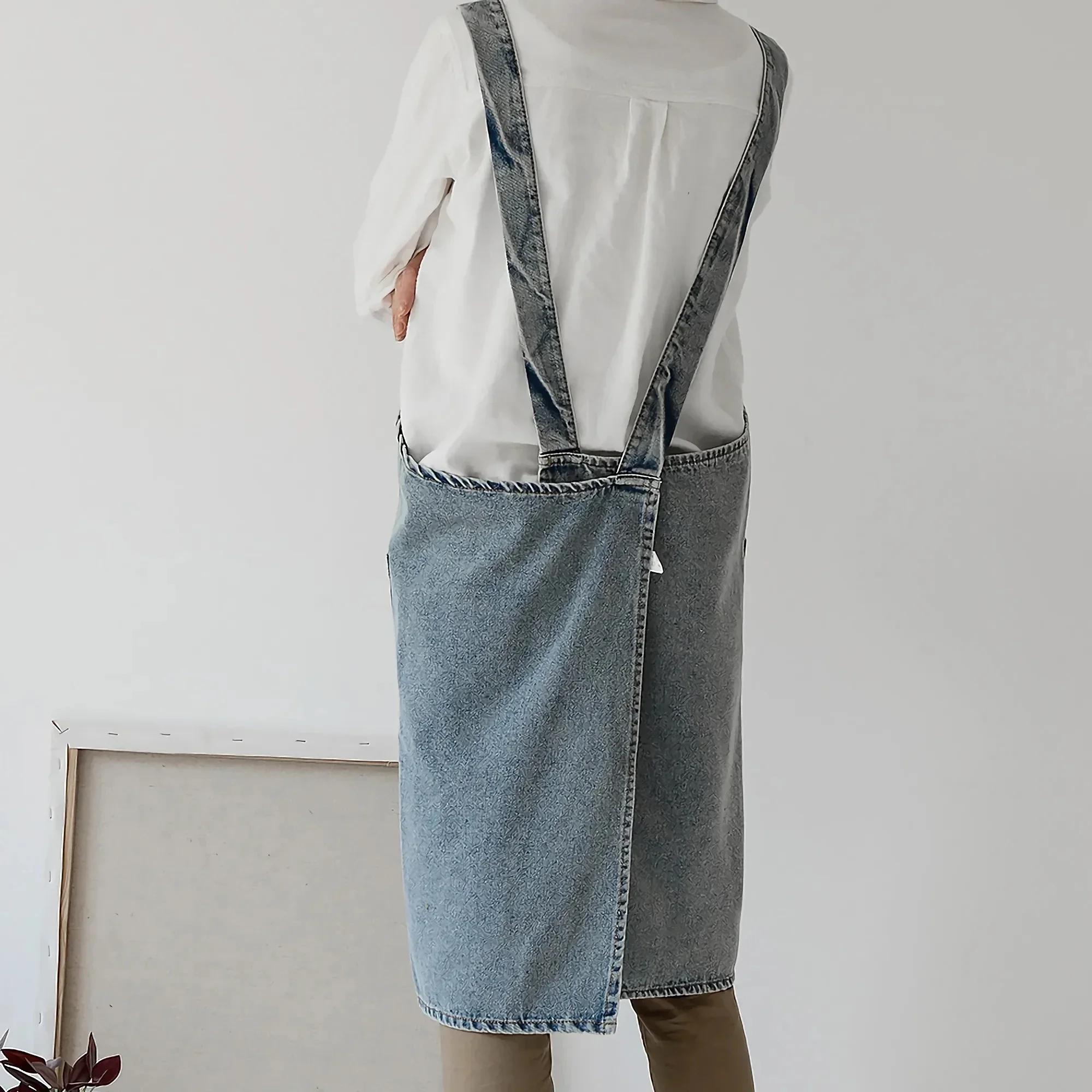 Robe coréenne en Denim pour femmes, tablier en tissu de coton, pour jardin, cuisine, cuisson, access