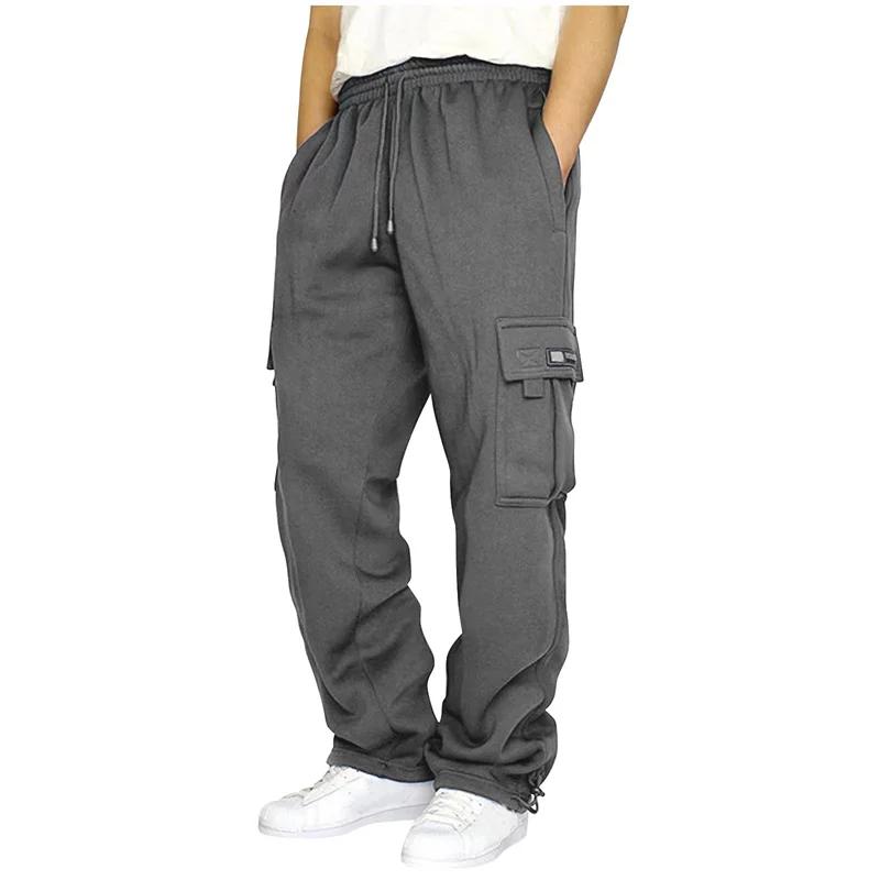 Pantalon de sport décontracté pour hommes, couleur unie, multi-poches, jambe droite, ample, grande t