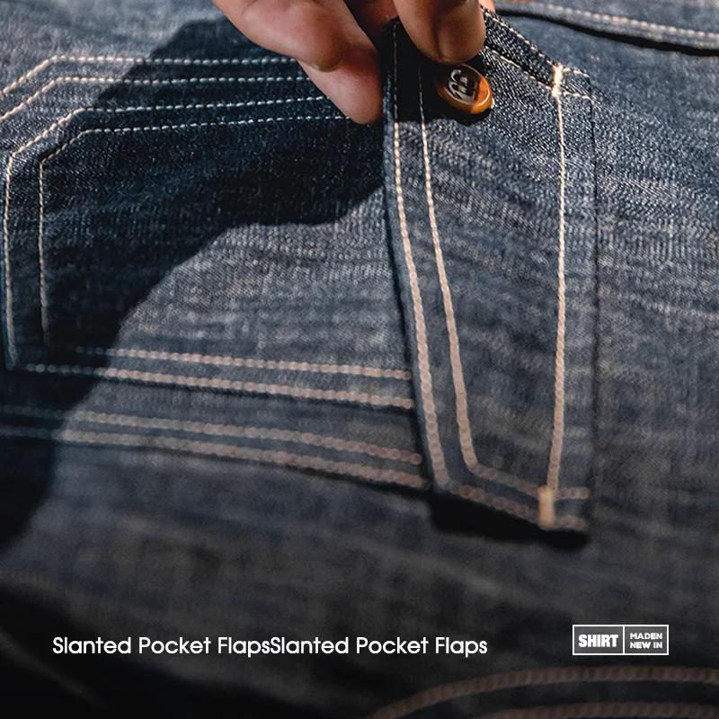 Maden Chemise en denim rétro, fine et à manches longues, avec col à revers et détails en couture. En
