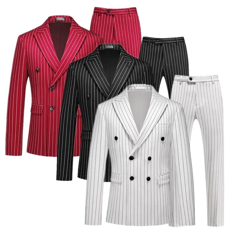 Blazers à double boutonnage pour hommes, rayés, imbibés, 2 pièces, noir, vin rouge, zones Me Busines
