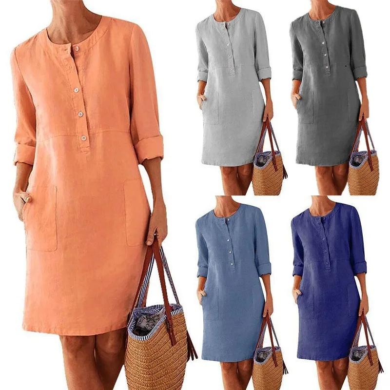 Robe tunique en coton et lin pour femmes, décontractée, solide, manches longues, Vintage, droite, ma