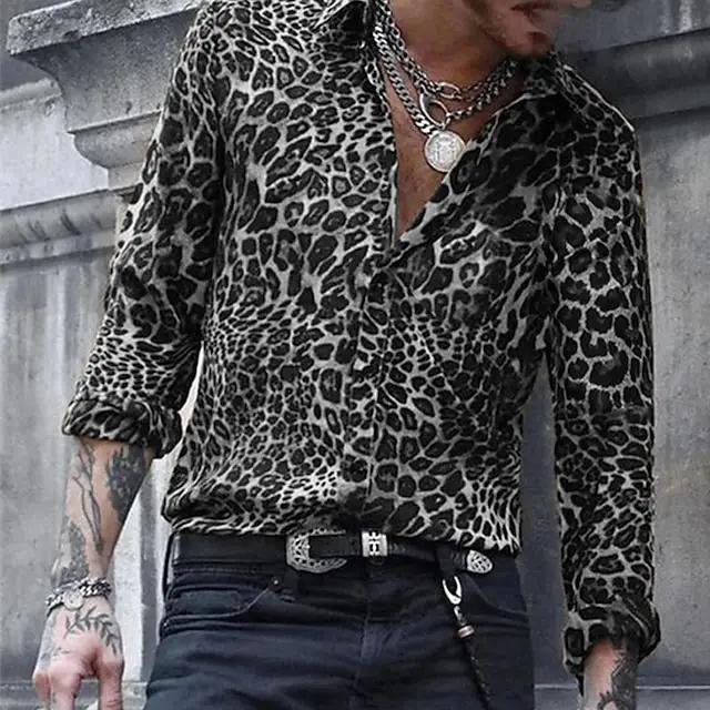 Chemise à manches longues pour hommes, motif imprimé léopard, bouton à revers, imprimé en 3D, décont