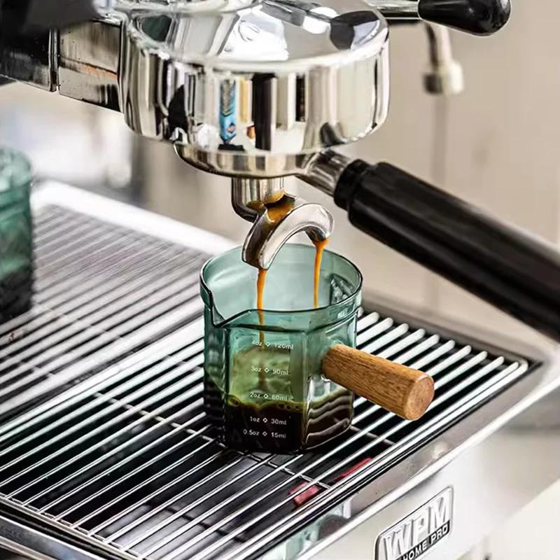YWDL Tasse à mesurer en verre pour expresso 120 ml avec poignée en bois, carafe à lait hexagonale, a