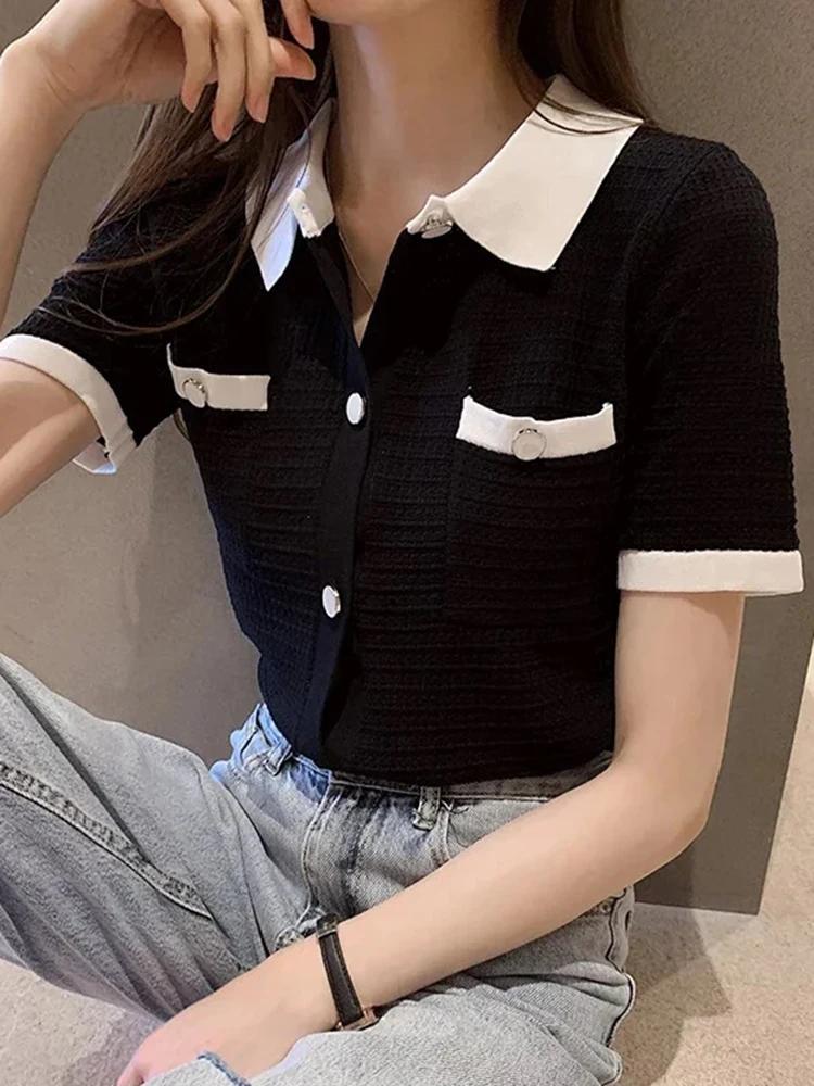 Vêtements de mode coréenne t-shirts à manches courtes femmes t-shirt tricoté col rabattu Cardigan fe