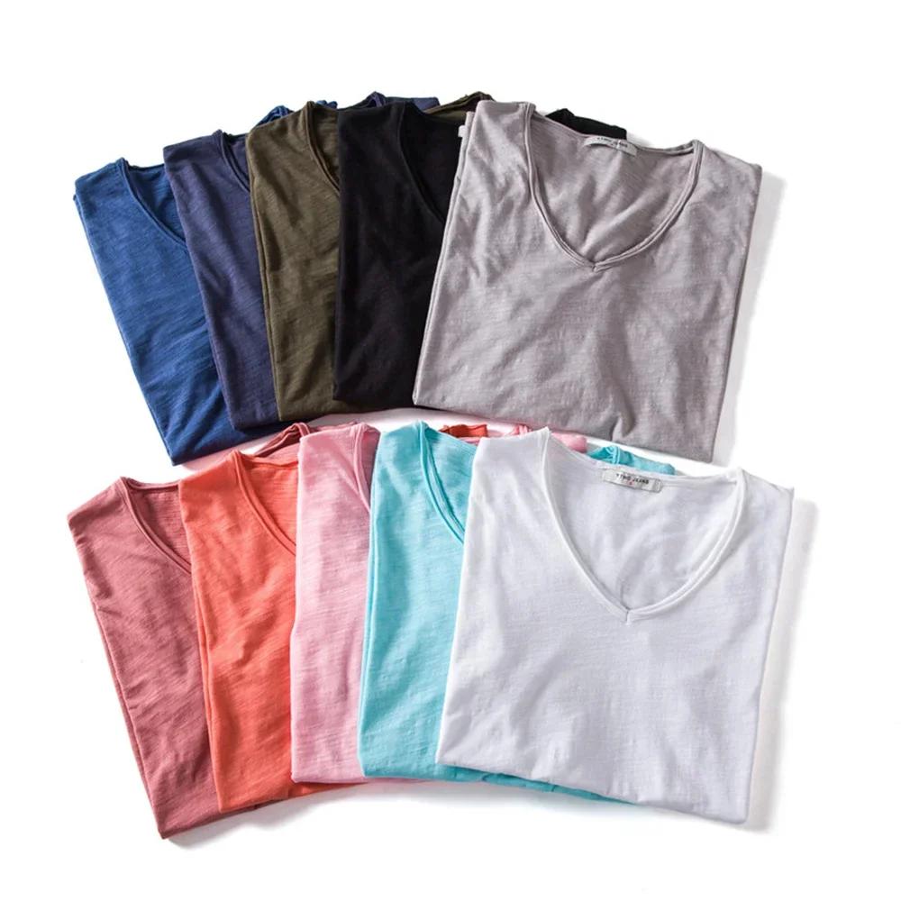 Marque qualité 100% coton hommes T-shirt col en v Design de mode coupe ajustée solide mâle hauts t-s