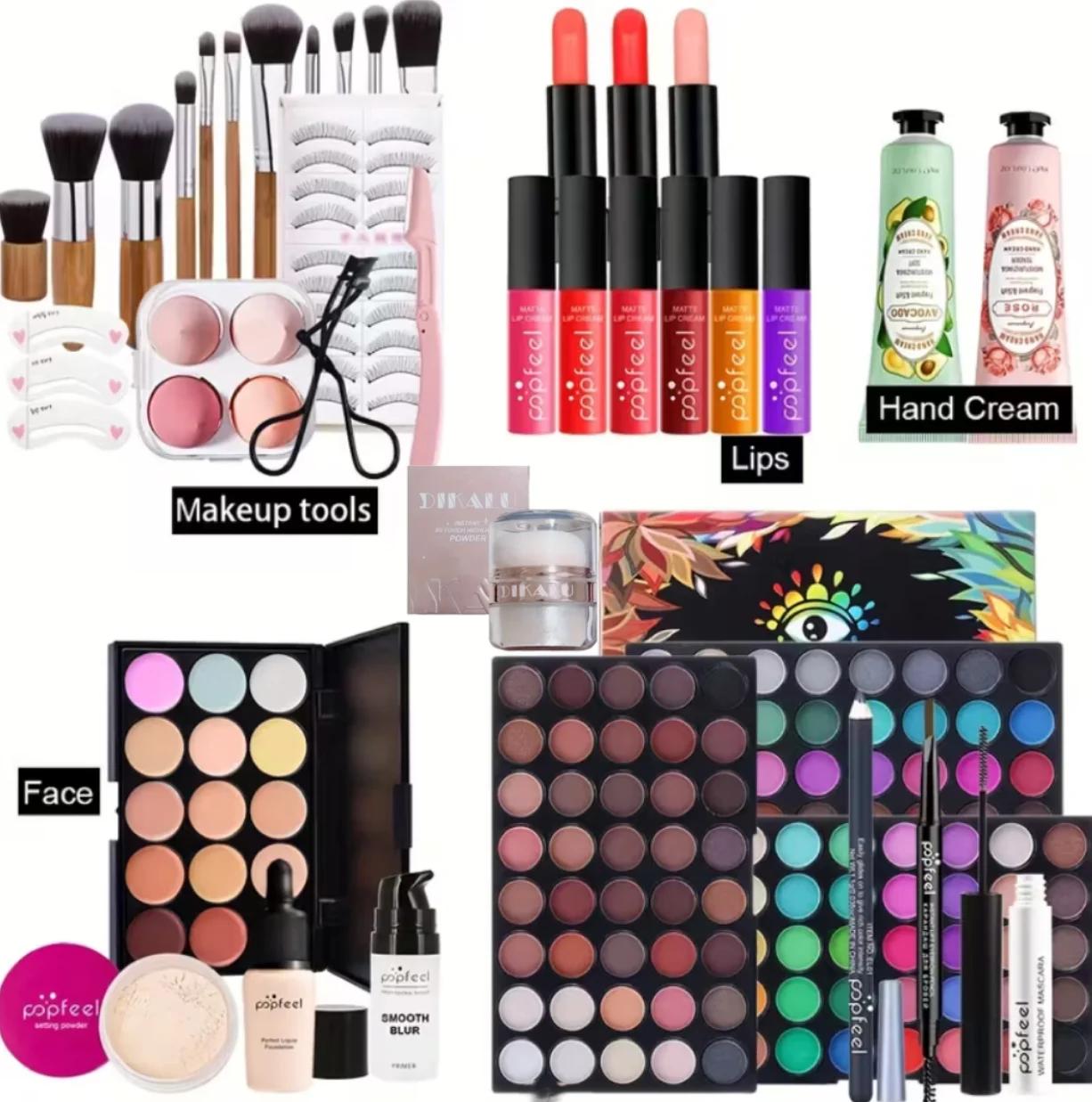 POPFEEL Kit de maquillage complet tout-en-un avec pinceau + illuminateur pour le visage - Ensemble d