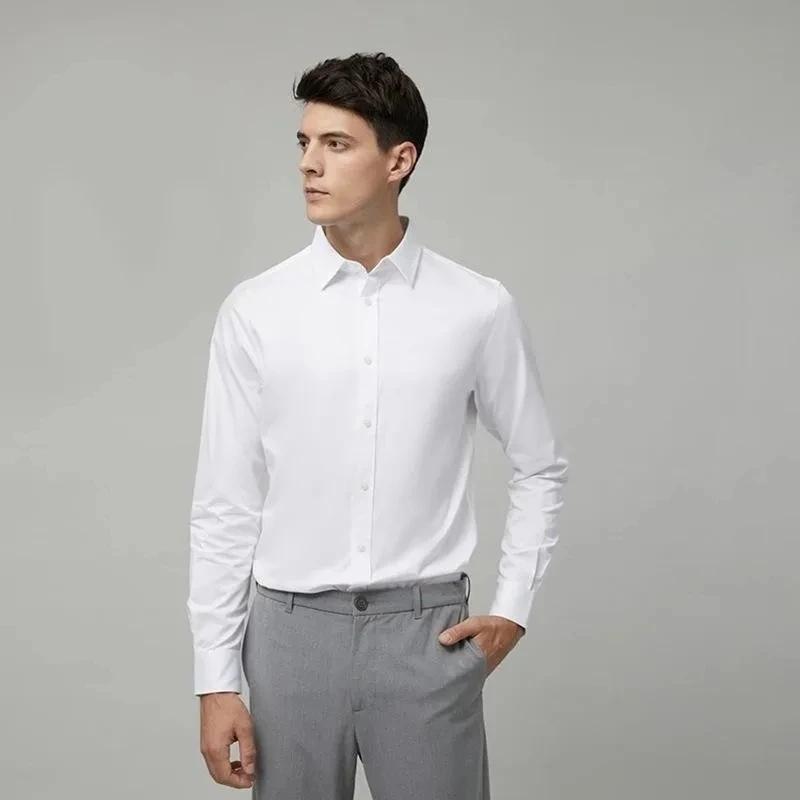 Chemise extensible en Fiber de bambou pour hommes, manches longues, Anti-rides, sans repassage, Slim