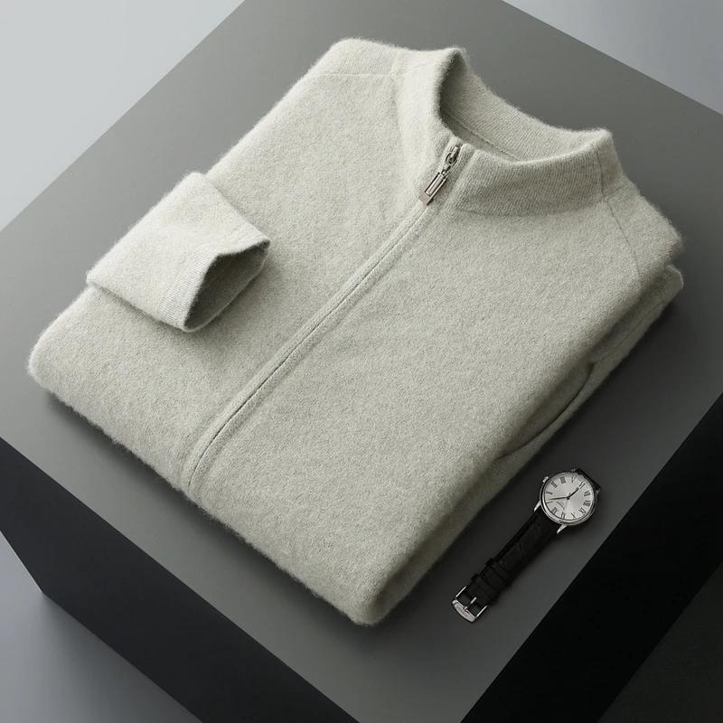 Cardigan en cachemire pur pour hommes, col mi-haut, fermeture éclair, pull décontracté, tempérament,