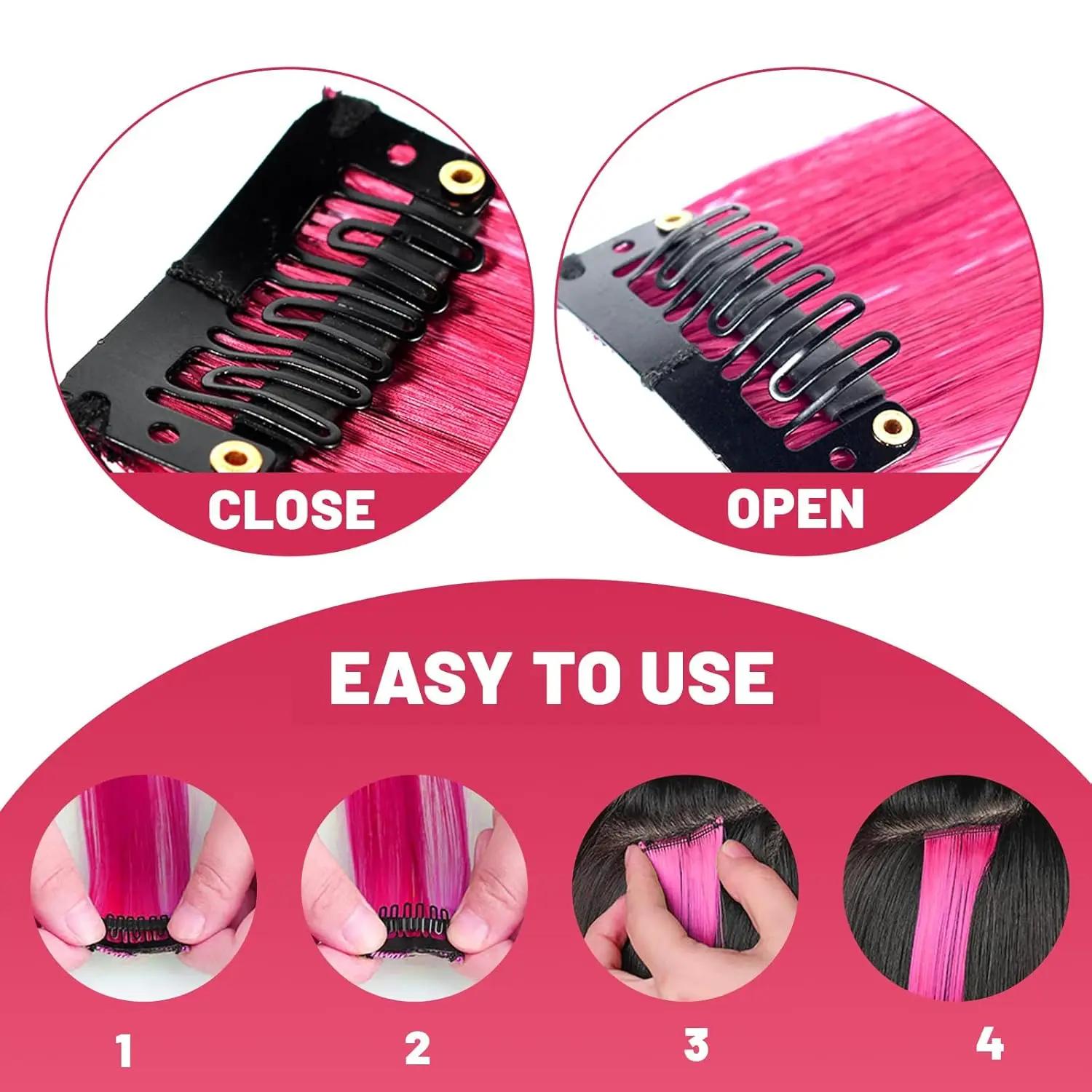 Extensions de cheveux synthétiques colorées à clips, 5 pièces, Extensions de cheveux colorées arc-en
