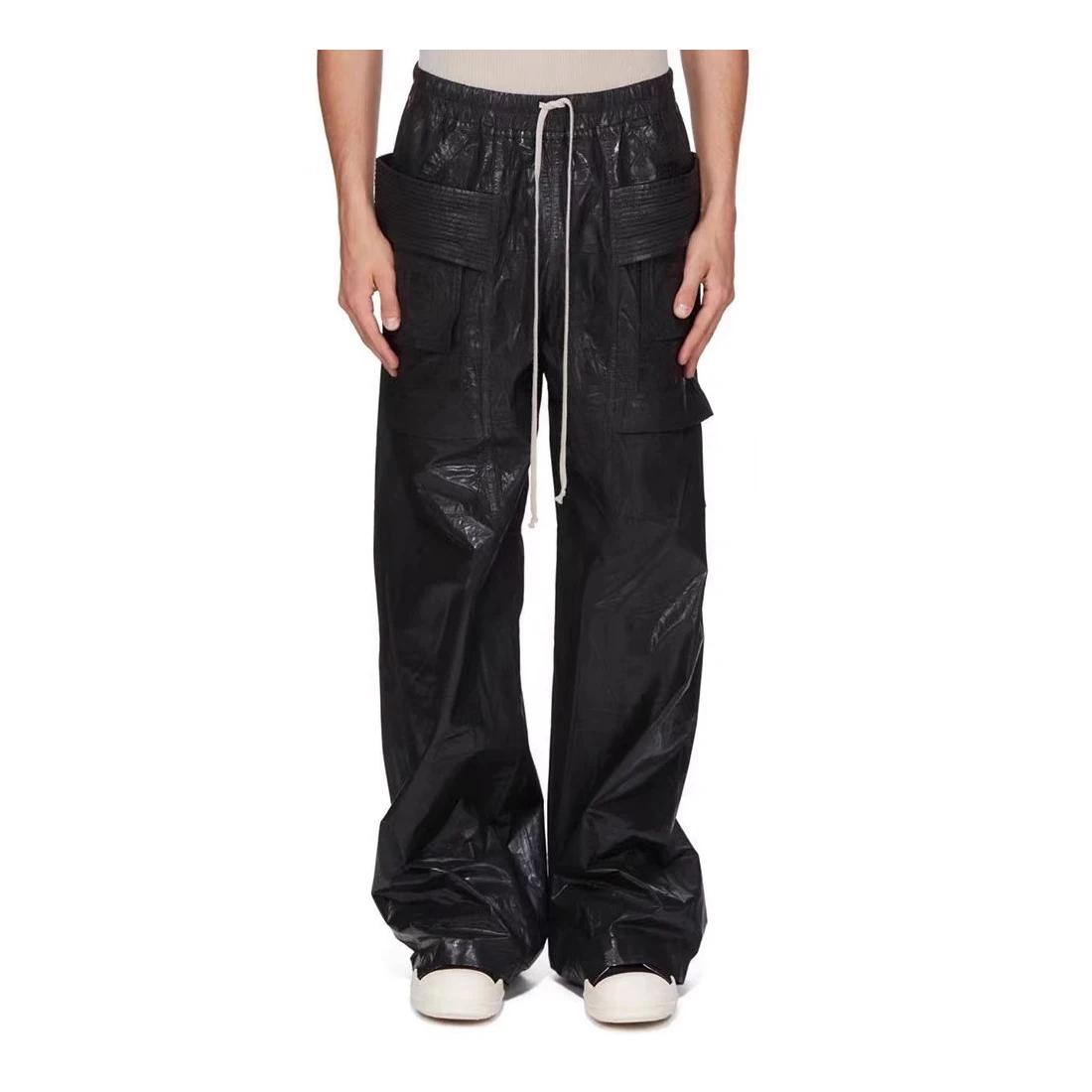 Pantalon Cargo noir à jambes larges, revêtement de teinture de cire Vintage, corne cylindrique, mult
