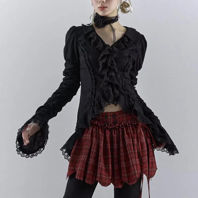 Karrcat-Chemise gothique en dentelle noire, chemisiers irréguliers esthétiques foncées, style CHRIST