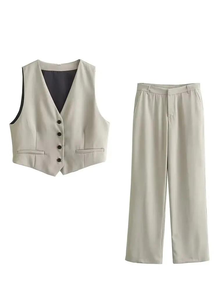 Ensemble 2 pièces pour femme : Gilet sans manches boutonné et pantalon large – Tenue décontractée po