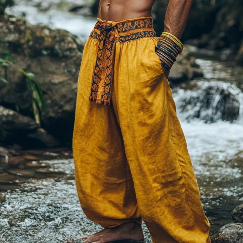 Pantalon en coton et lin pour homme, pantalon d'été, pantalon ample, poche, couleur contrastée, conf