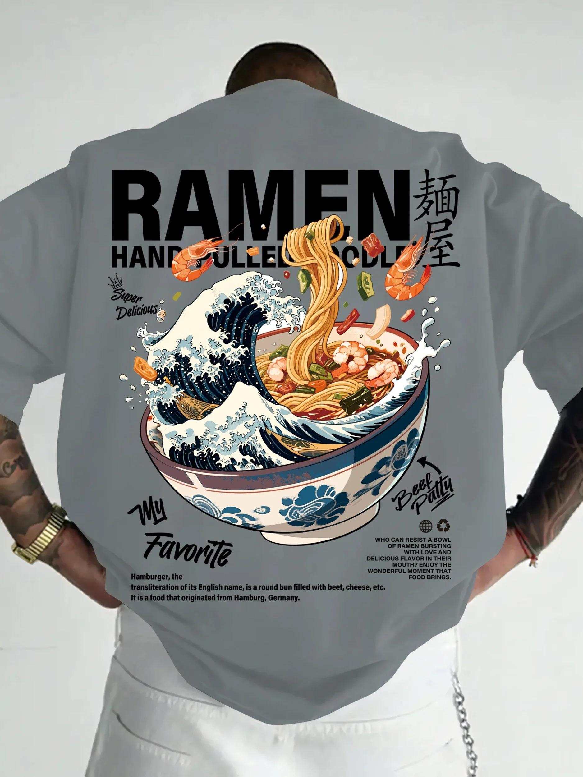 T-shirt décontracté pour homme, style streetwear, motif vagues japonaises et ramen, idéal pour le qu