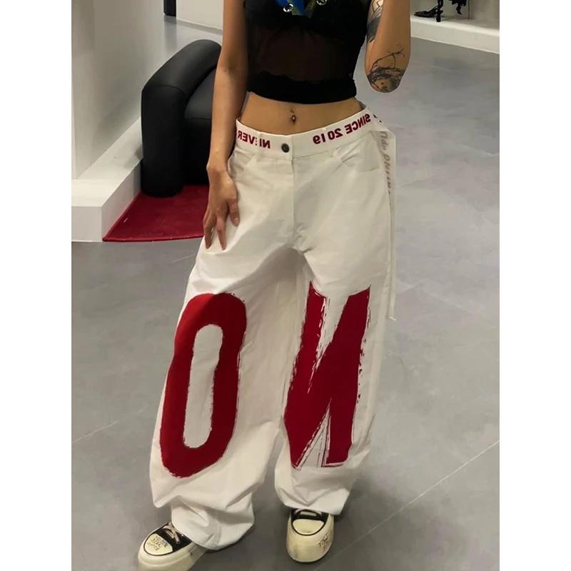 ZHIZOU femmes blanc lettre imprimer Y2k Baggy jean 2000s Style Denim pantalon Harajuku Vintage surdi