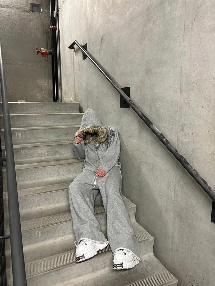 Hoodies zippés pour femmes, style Y2K, esthétique Harajuku, avec col en fausse fourrure, graphiques 