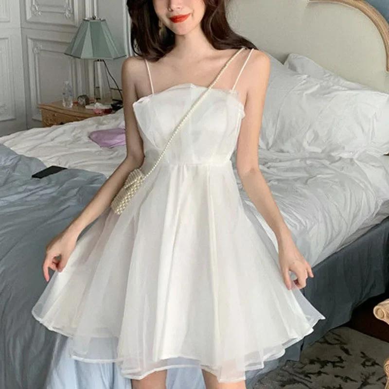 Robe d'été sexy en tulle pour femmes, col licou, française, fine, bretelles fines, rose, mode Joker,