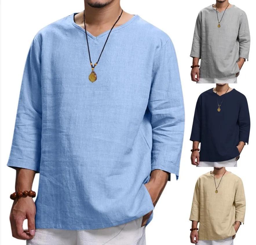 Chemise pull ample à manches 3/4 pour hommes, couleur unie, décontractée, grande taille, nouvelle co