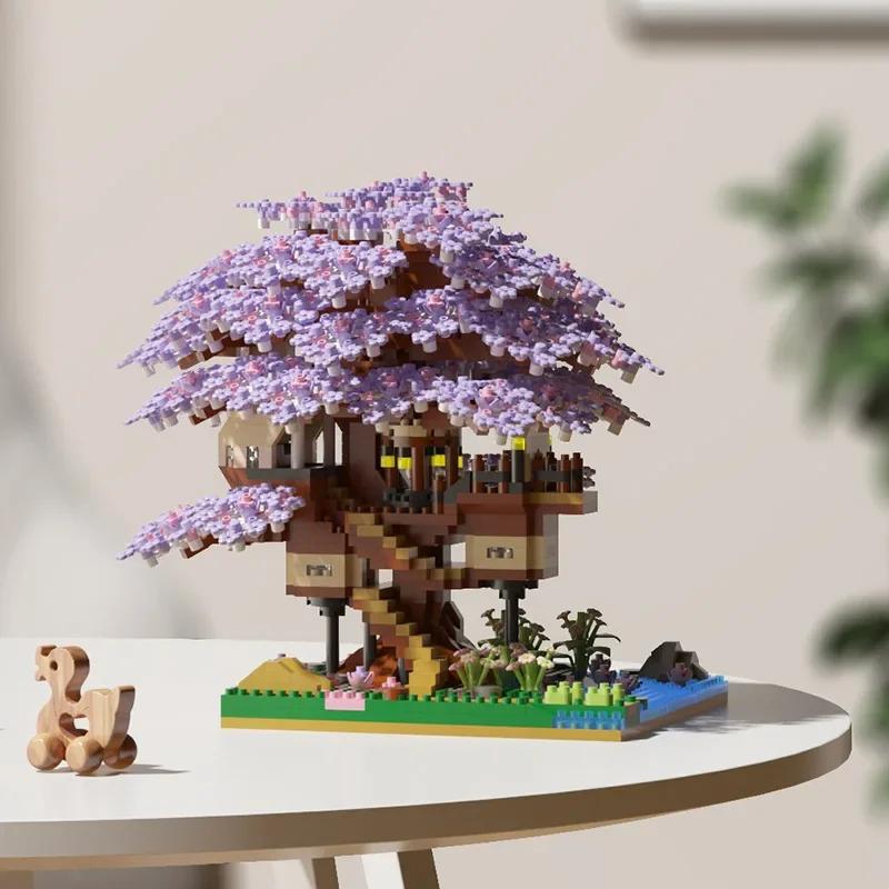 Ensemble de blocs de construction d'arbre de cerisier DIY, briques de cerisier en fleurs avec lumièr