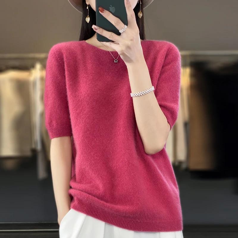 T-shirt tricoté à col rond pour femme, 100% laine mérinos, pull coréen à manches courtes, basique, c