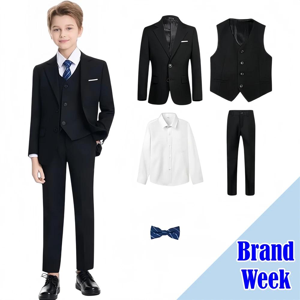 Ensemble de costume cranté pour garçon de 3 à 14 ans, veste de costume noire à un bouton, gilet, pan