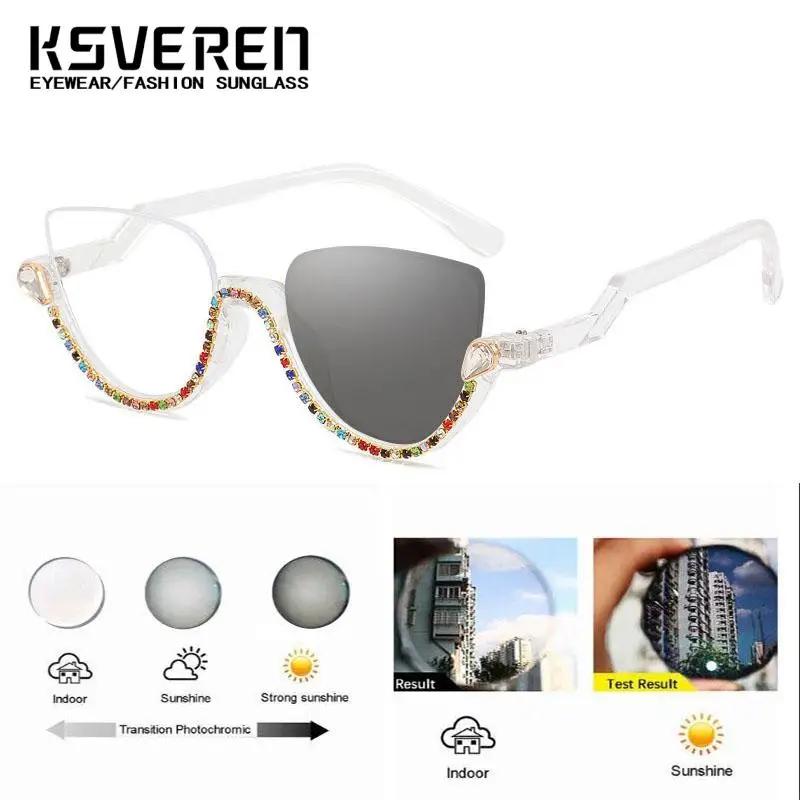 Lunettes de myopie photochromiques œil de chat en strass pour femmes, verres de Prescription finis, 