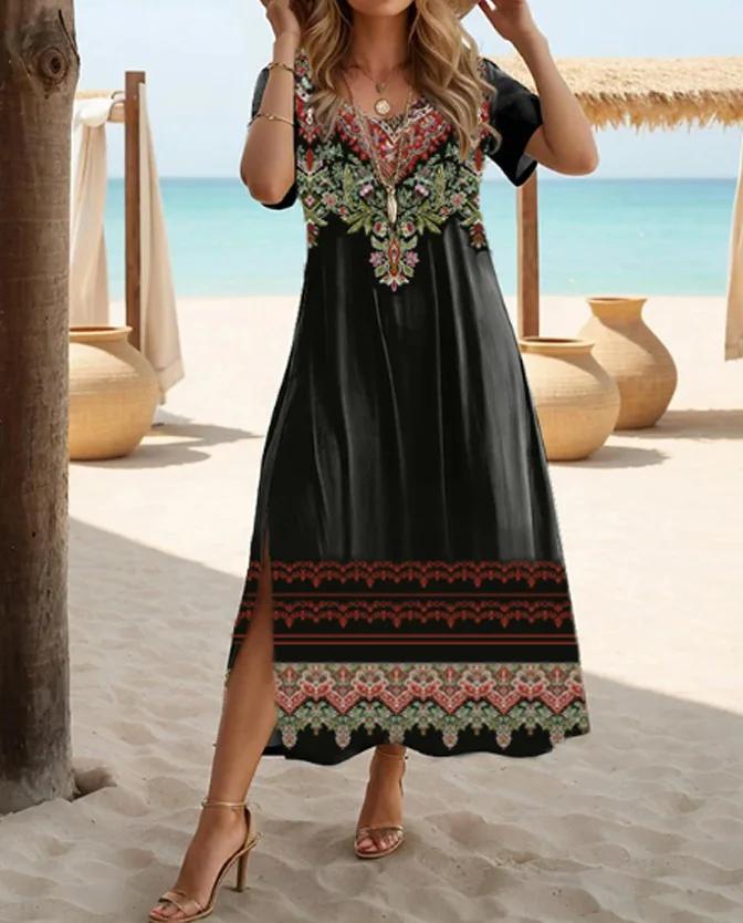 Robe ethnique bohème à imprimé floral, décontractée, vacances, manches courtes, grande taille