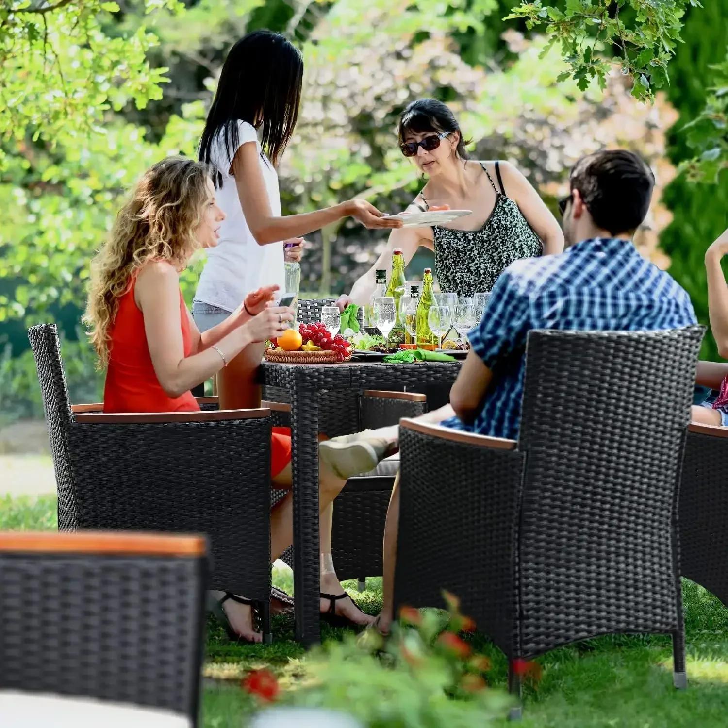 Ensemble de salle à manger de Patio 9 pièces, Table et chaises d'extérieur en bois d'acacia avec cou