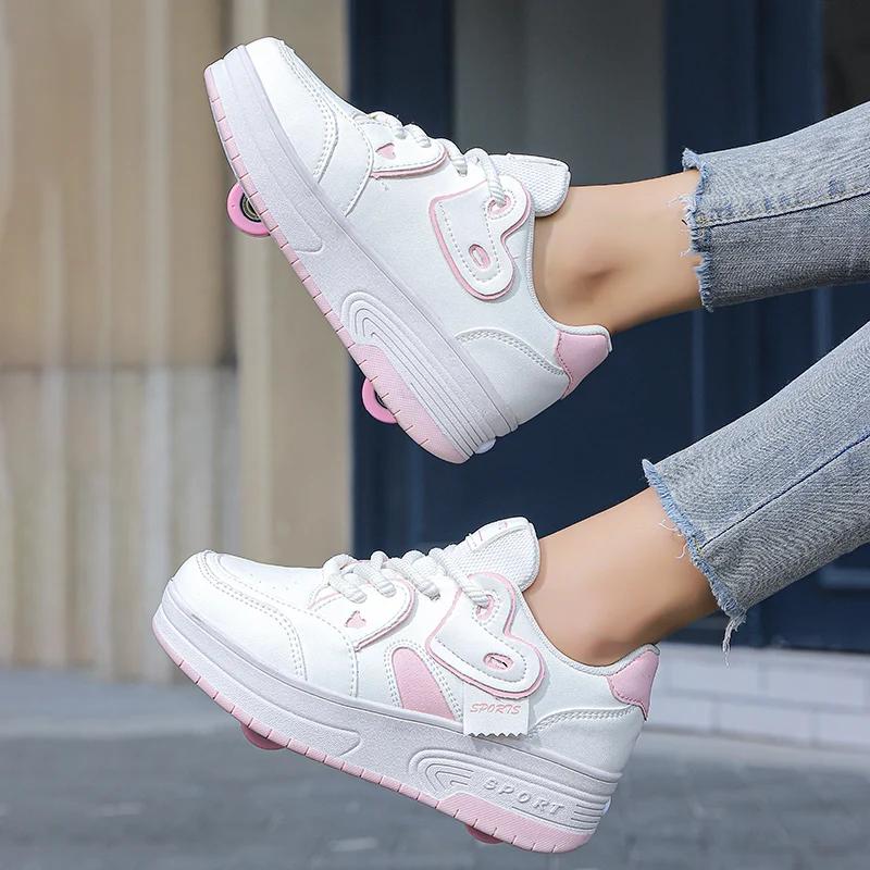 Chaussures de marche respirantes à lacets pour filles, patins de sport rétractables à deux roues pou