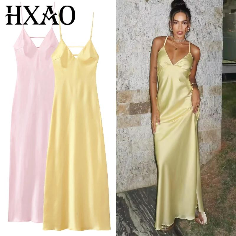 HXAO robes jaunes femmes Satin col en V robe mi-longue été dos nu sangle robes de soirée élégante ro