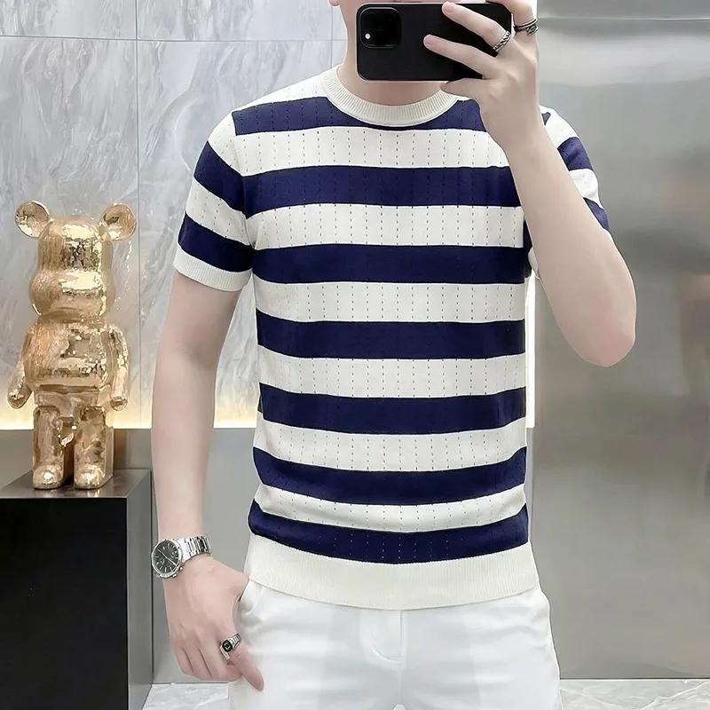 T-shirt en maille de soie glacée style britannique pour homme, rayé, à manches courtes, col rond, co
