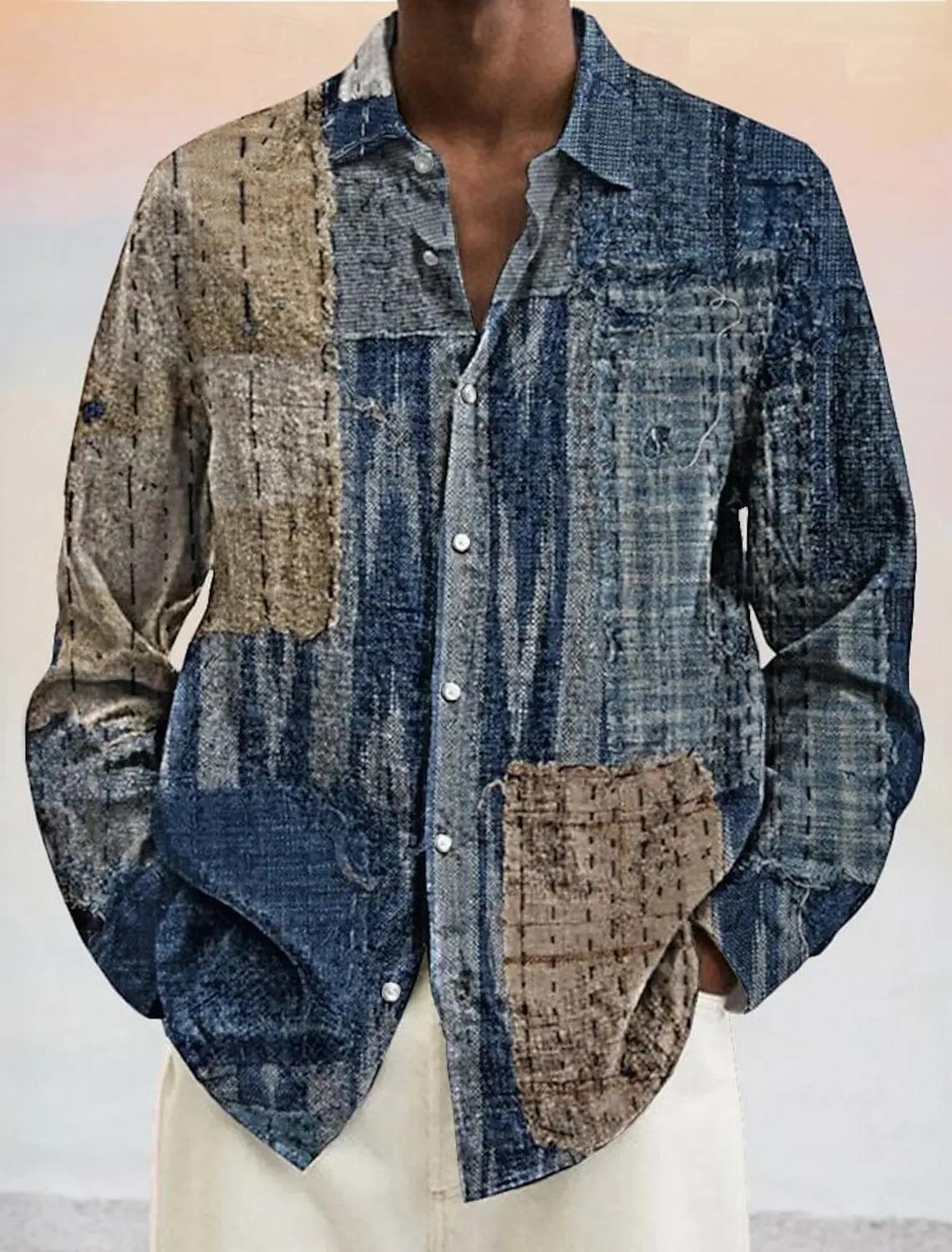 Chemise bloc de couleur géométrique pour hommes chemise boutonnée à manches longues mode décontracté