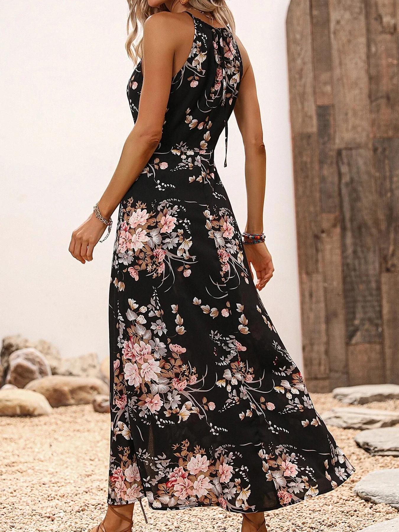 Robe dos nu pour femmes, imprimé Floral, fente haute, cuisses, été, sans manches, Sexy, moulante, pl