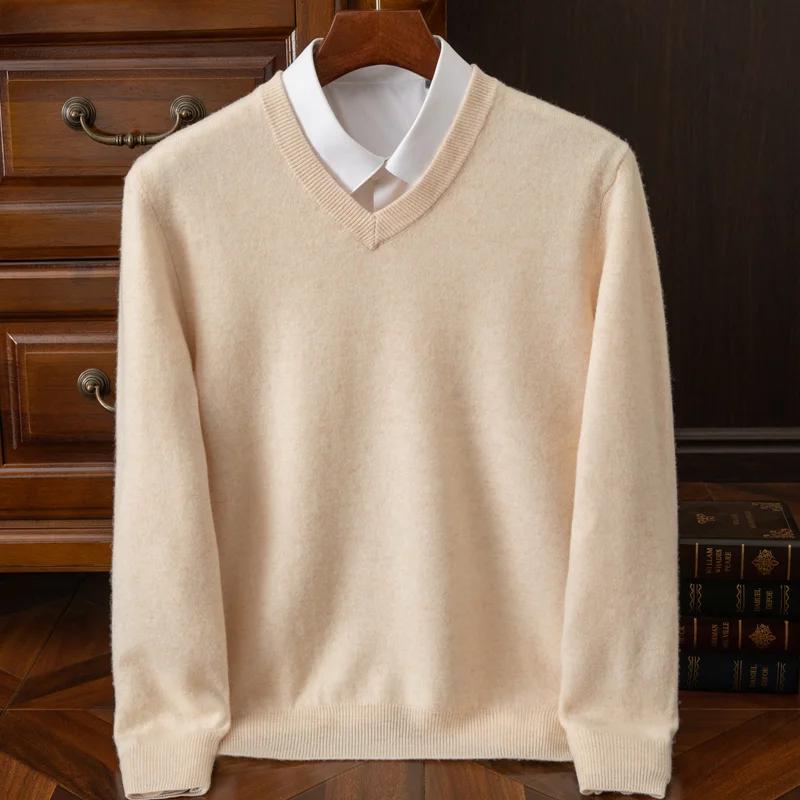 2025 hommes 100% laine mérinos cachemire col en v pull pull intelligent décontracté basique à manche