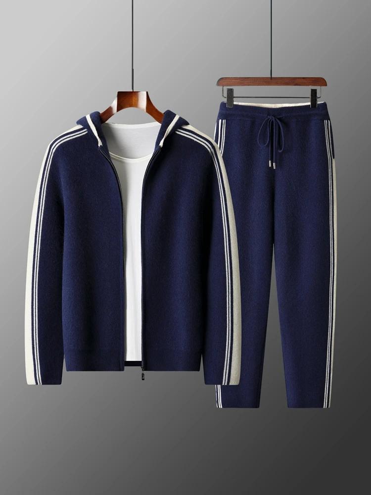 Ensemble deux pièces 100% laine mérinos pour hommes, Cardigan à col à capuche avec fermeture éclair 