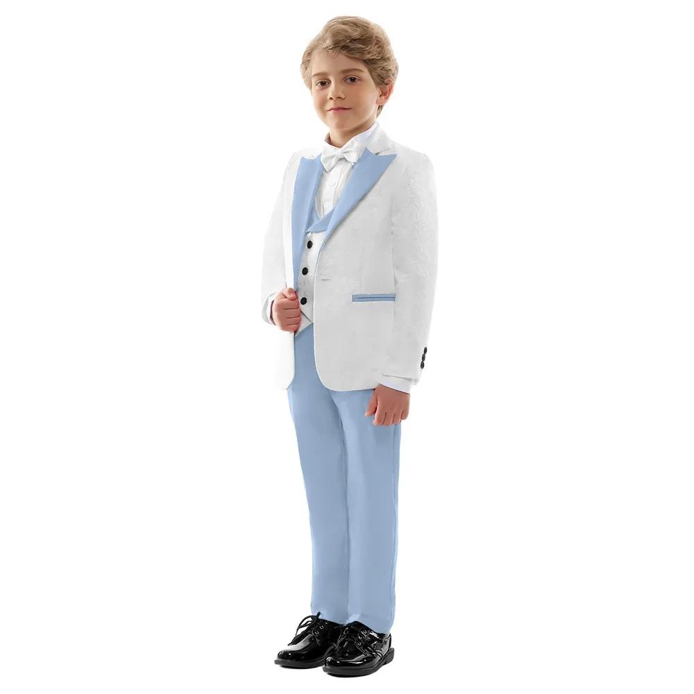 Costume formel classique 4 pièces pour garçons, blanc et bleu ciel contrasté, blazer, gilet et panta