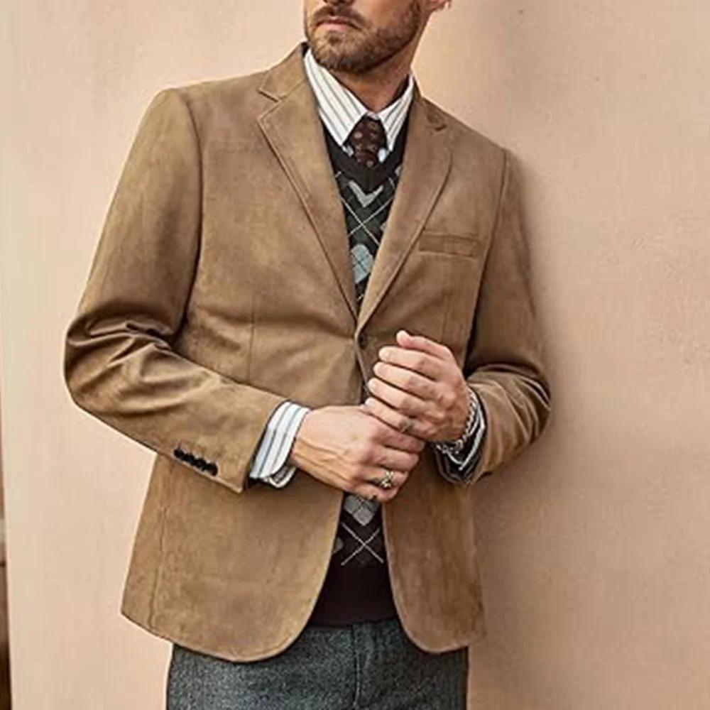 Hommes Faux daim Blazer simple boutonnage marron clair coupe ajustée décontracté élégant veste burea