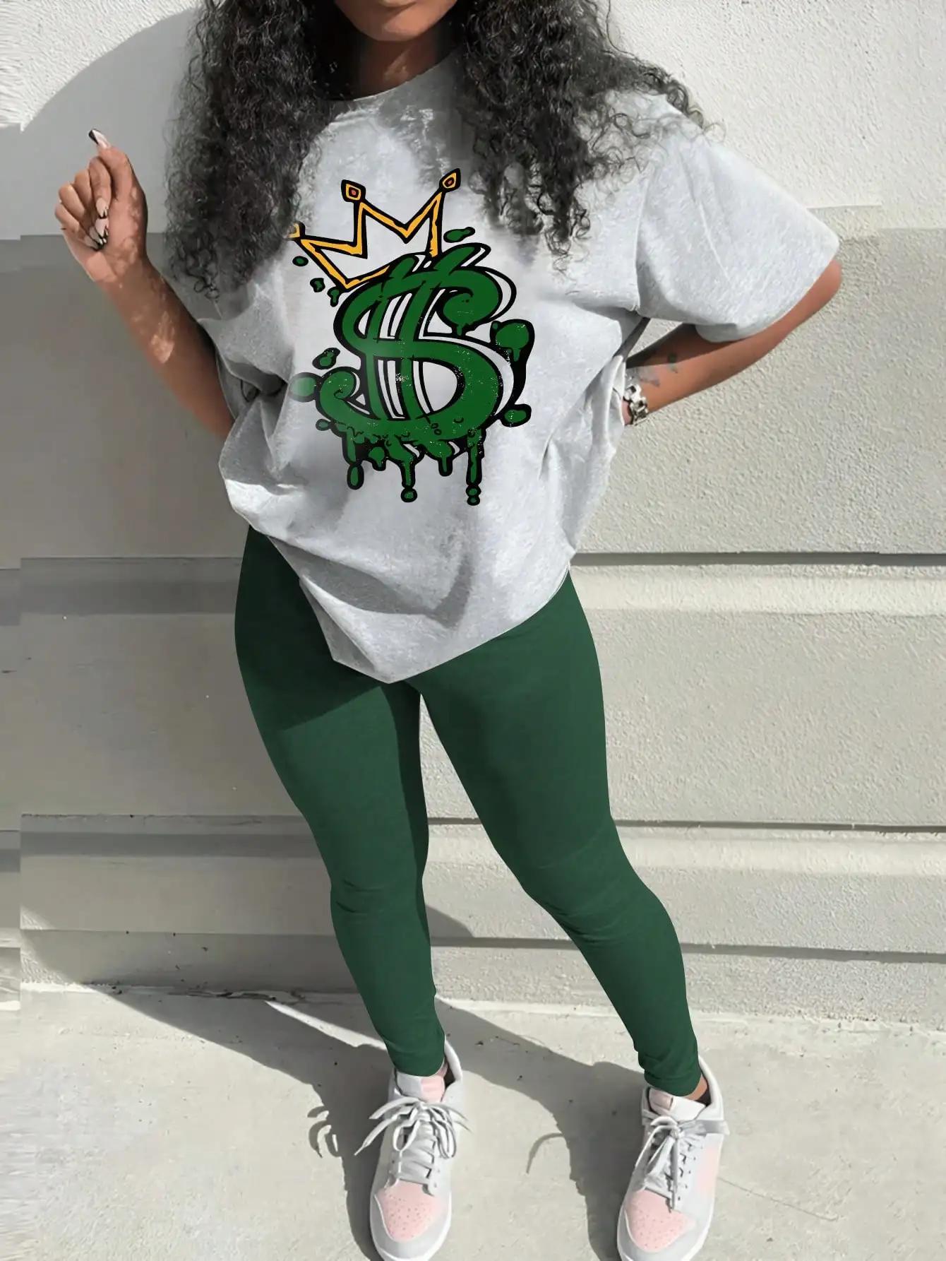 Ensemble 2 pièces imprimé lettre couronne pour femme, t-shirt graphique à col rond, manches courtes,
