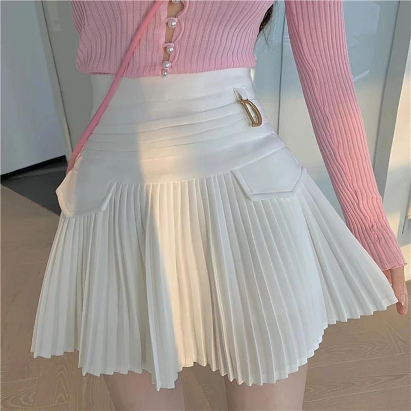 Zwarte Geplooide Rokken Vrouwen Hoge Taille Mini Rok métal lettre D Ontwerp a-lijn Clubwear Koreaans