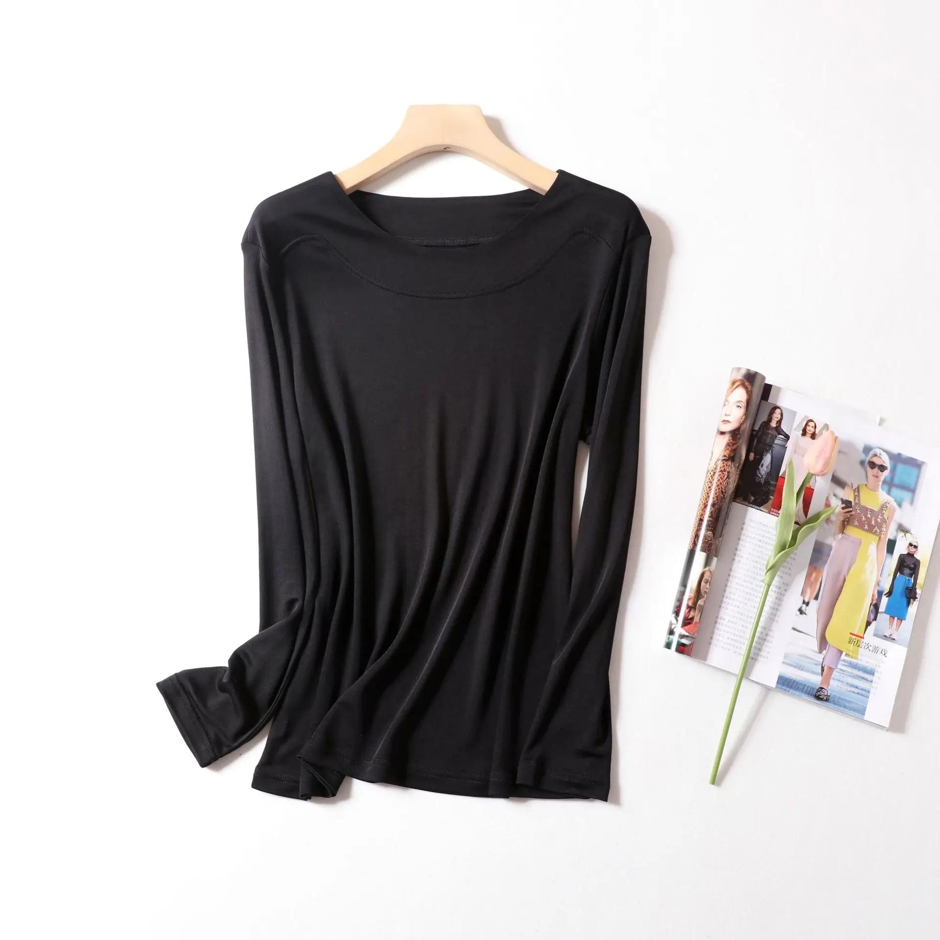 T-shirts en soie véritable Birdtree pour femme, col rond, uni, décontracté, manches longues, basique