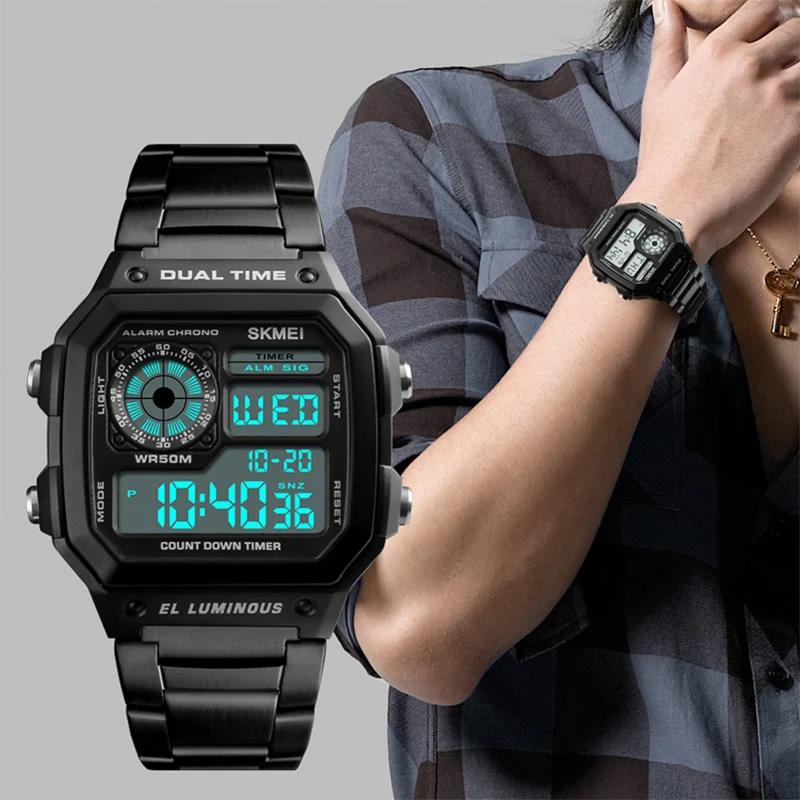 Skmei-Montre-bracelet de sport numérique pour homme, bracelet en acier inoxydable, chronographe LED,